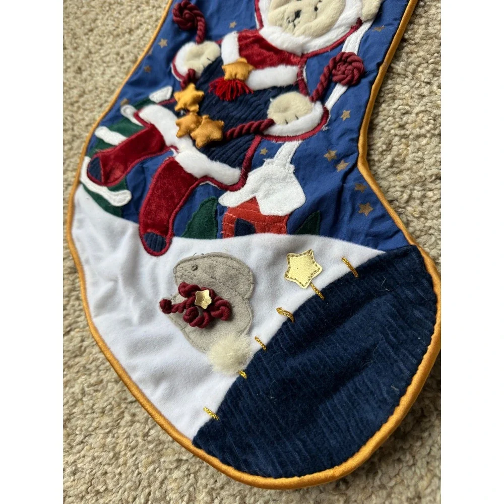 Vintage Appliqué Christmas Stocking  Blue Velvet Santa Teddy‎ Bear Stars Moon